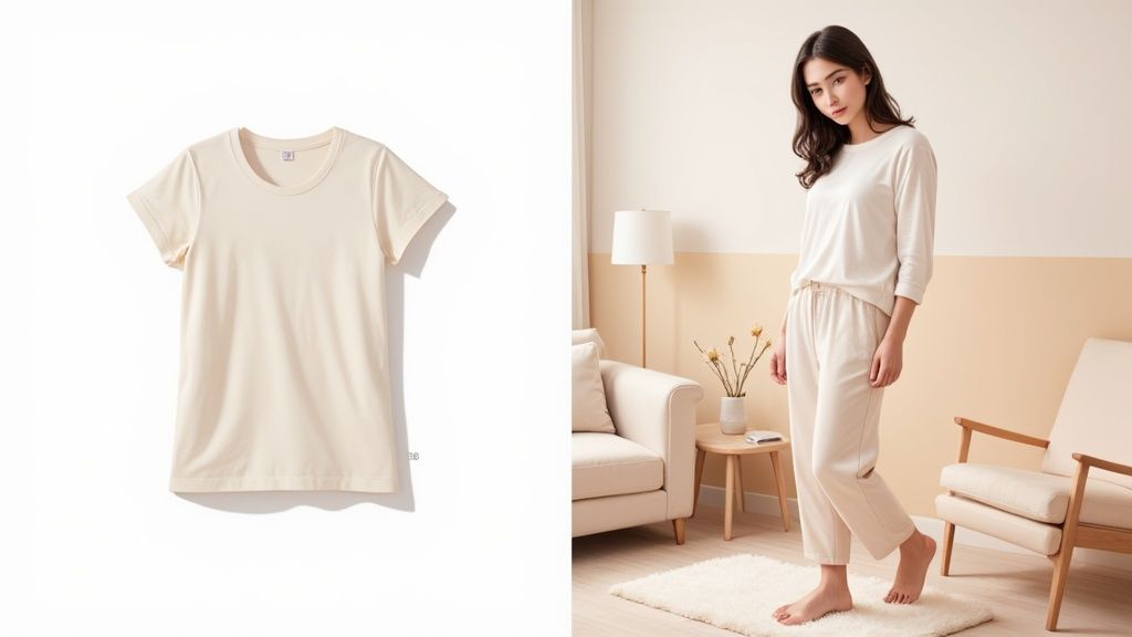 Woman wearing beige loungewear set next to matching short sleeve t-shirt product photo