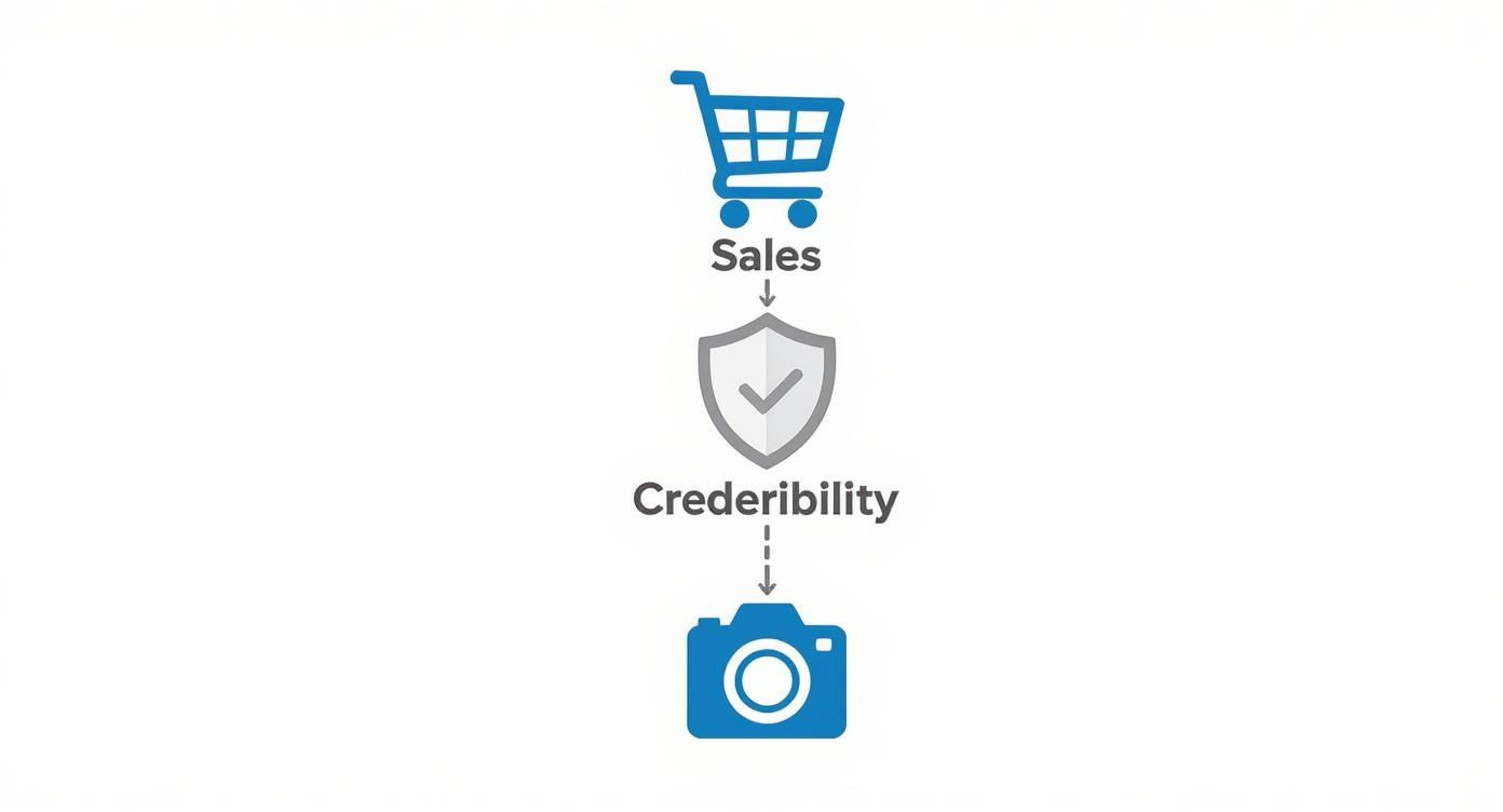 Sales leads to credibility illustrated with shopping cart, shield checkmark, and camera icons in flowchart