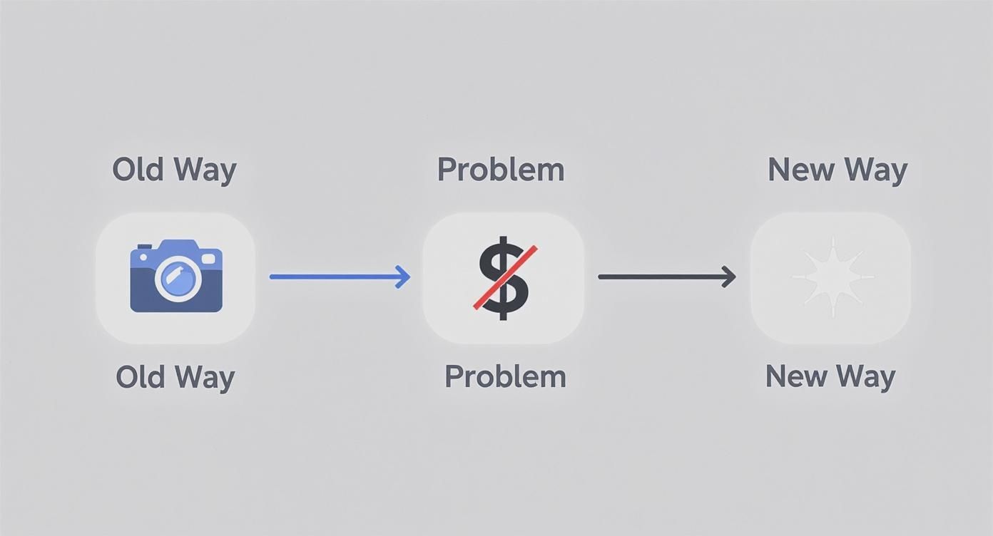 Diagram showing old way camera icon, problem with cost, and new way solution workflow