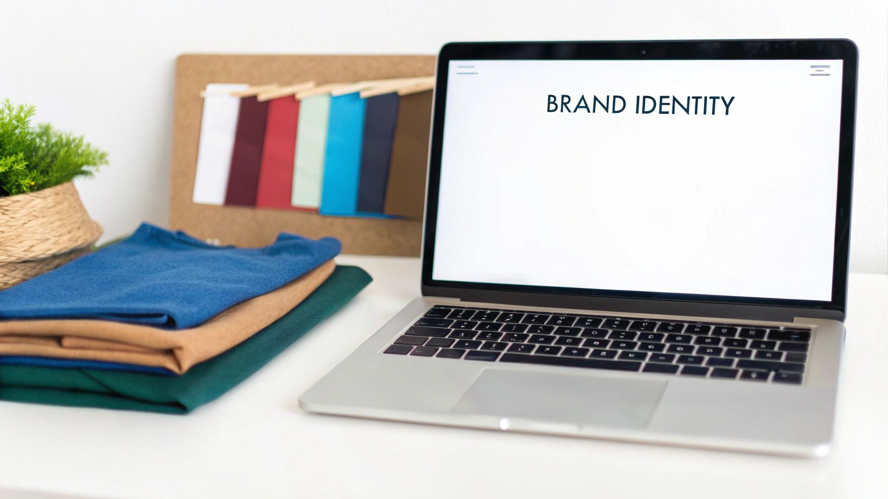 An organized workspace with a laptop, camera, and clothing samples, representing the start of an online clothing business.