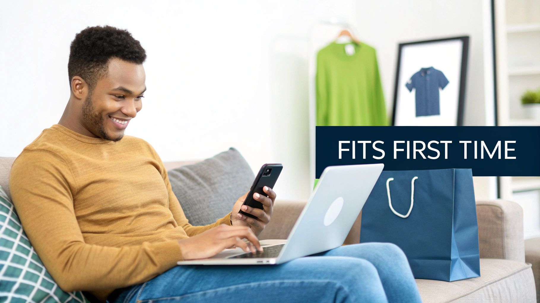 A woman using her smartphone to virtually try on a dress from an online store in 2025.