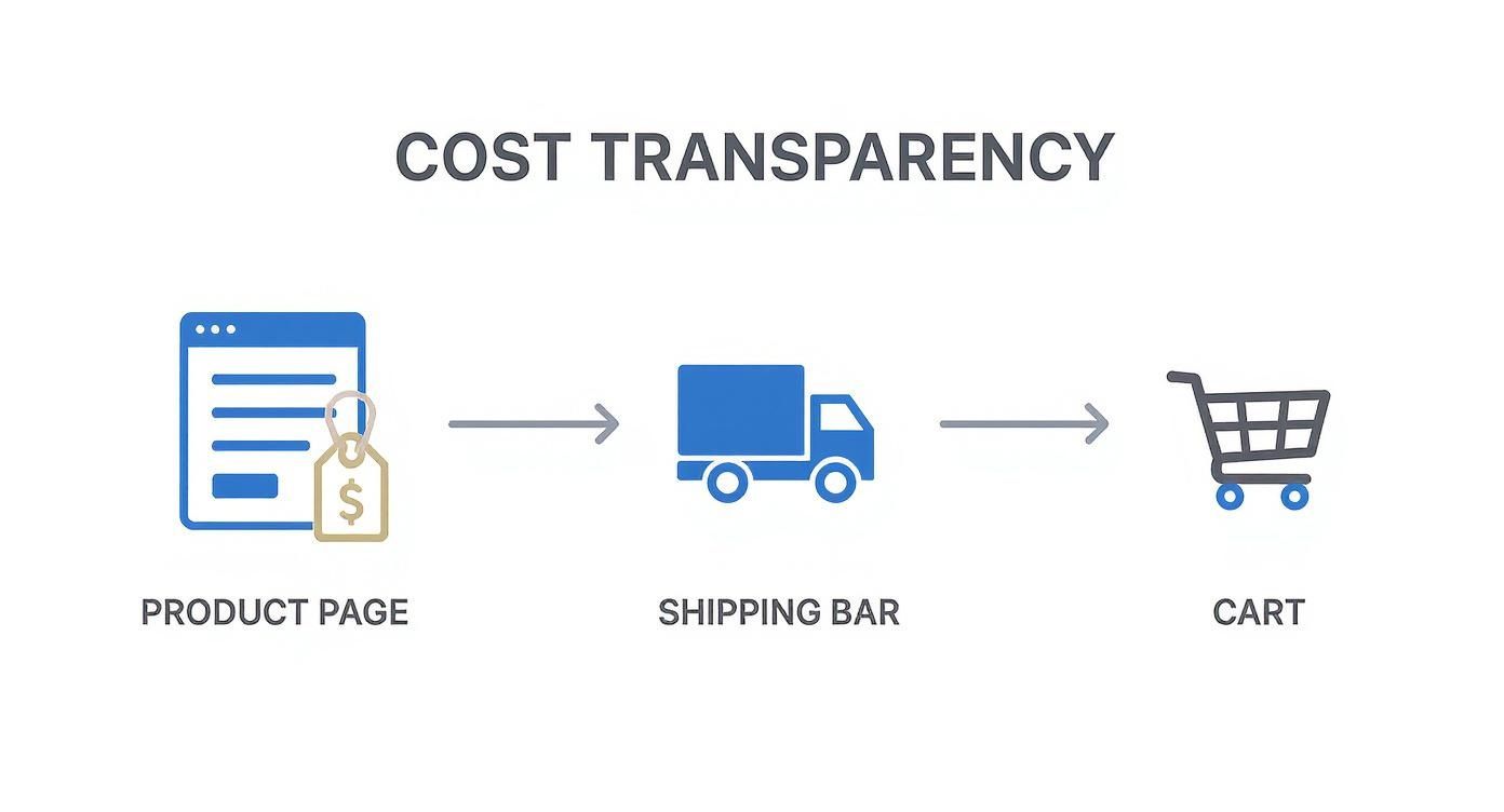 Infographic showing the process of cost transparency from the product page to the shipping bar to the cart.