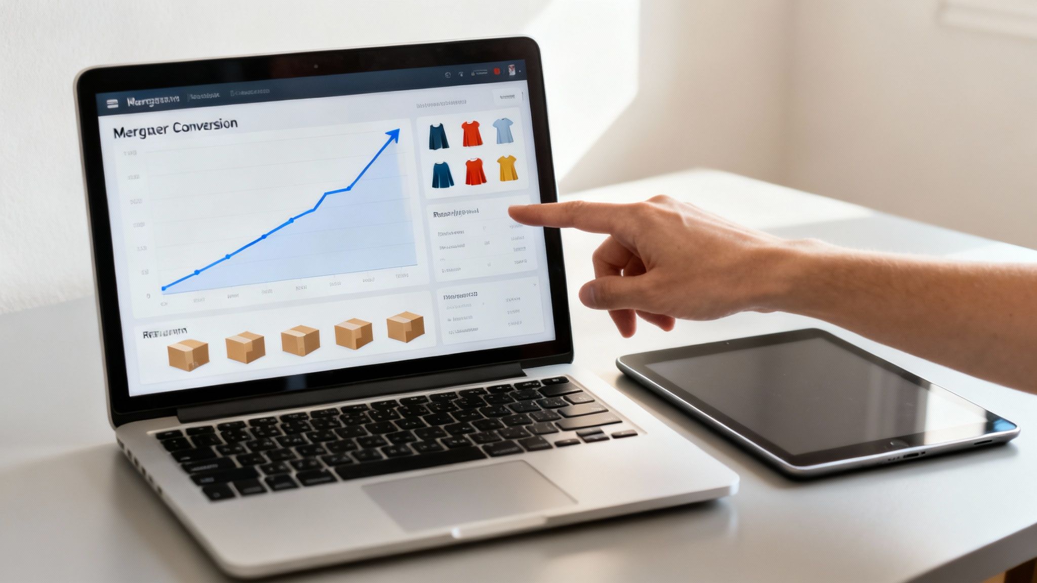 Person interacting with a laptop showing a business dashboard with conversion data and virtual clothing options.