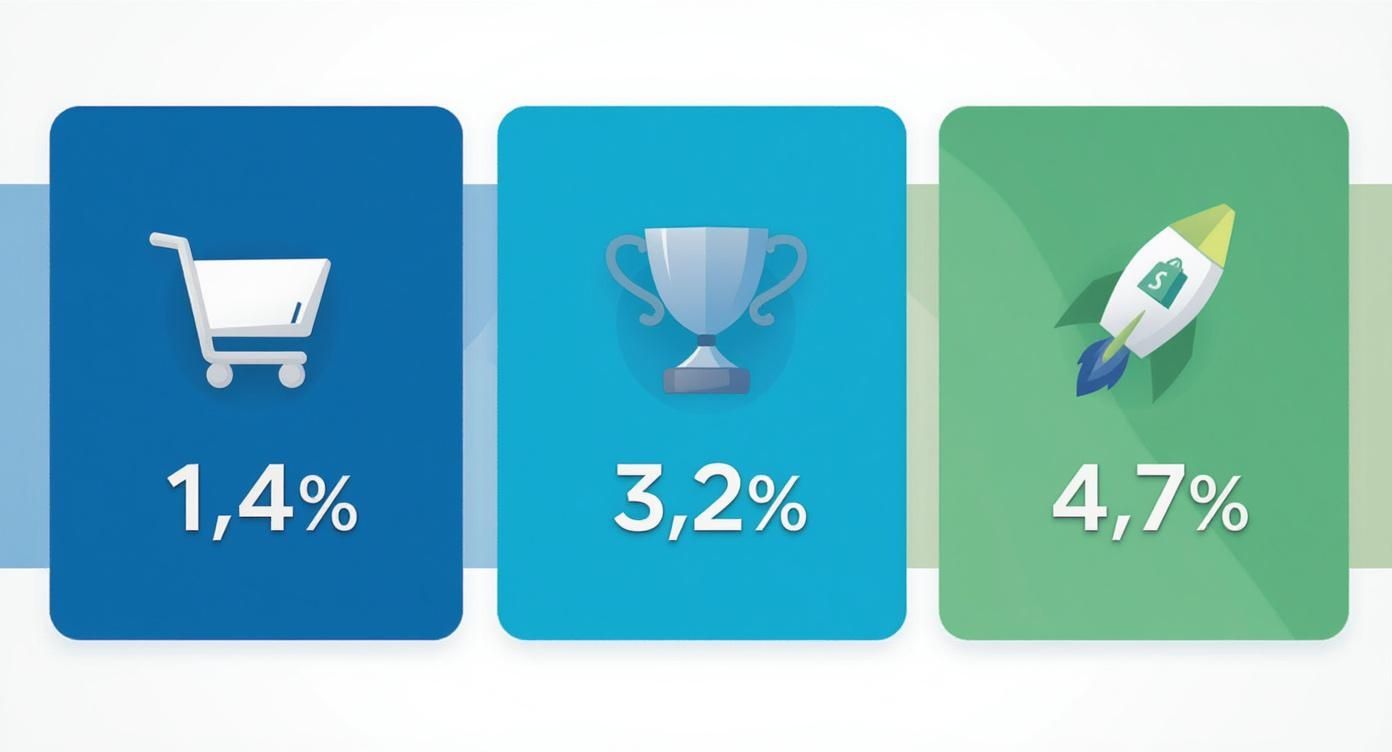 Infographic showing Shopify conversion rates: 1.4% for average stores, 3.2% for the top 20%, and 4.7% for the top 10%