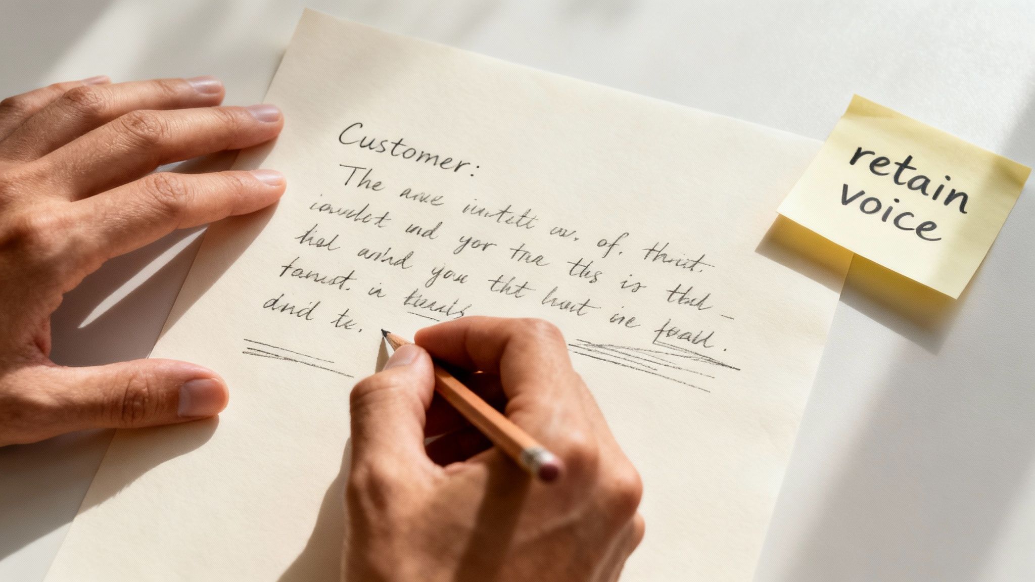 A person writes on a customer testimonial draft with a pencil, next to a 'retain Voice' sticky note.