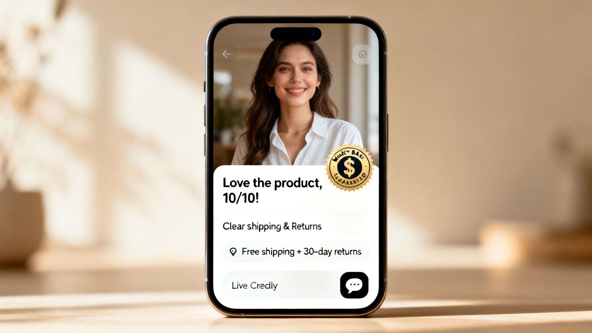 Mobile phone displaying a smiling woman's product review, highlighting free shipping and a money-back guarantee.
