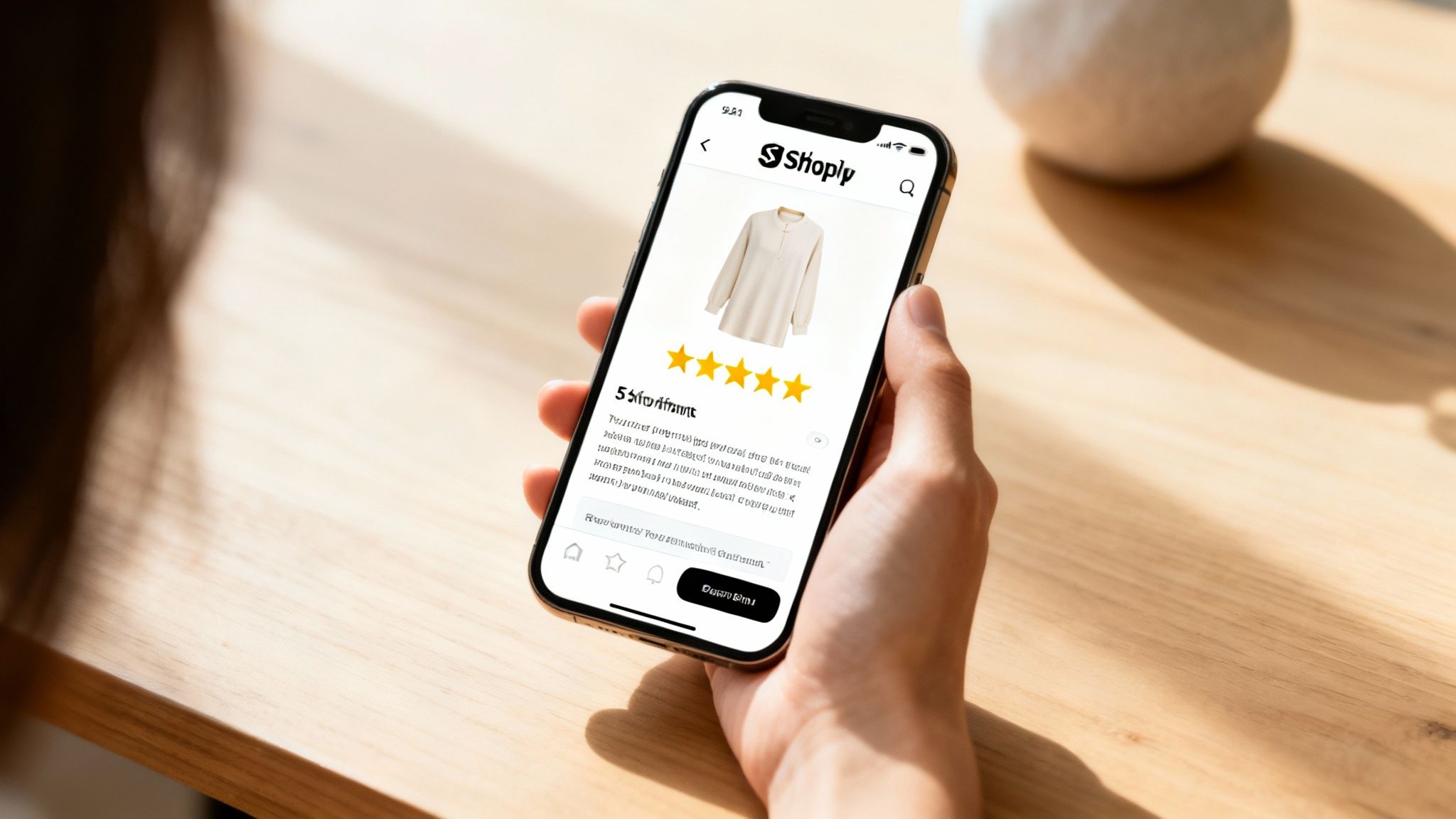 Close-up of a hand holding a smartphone displaying product reviews and a 5-star rating on a Shopify app.
