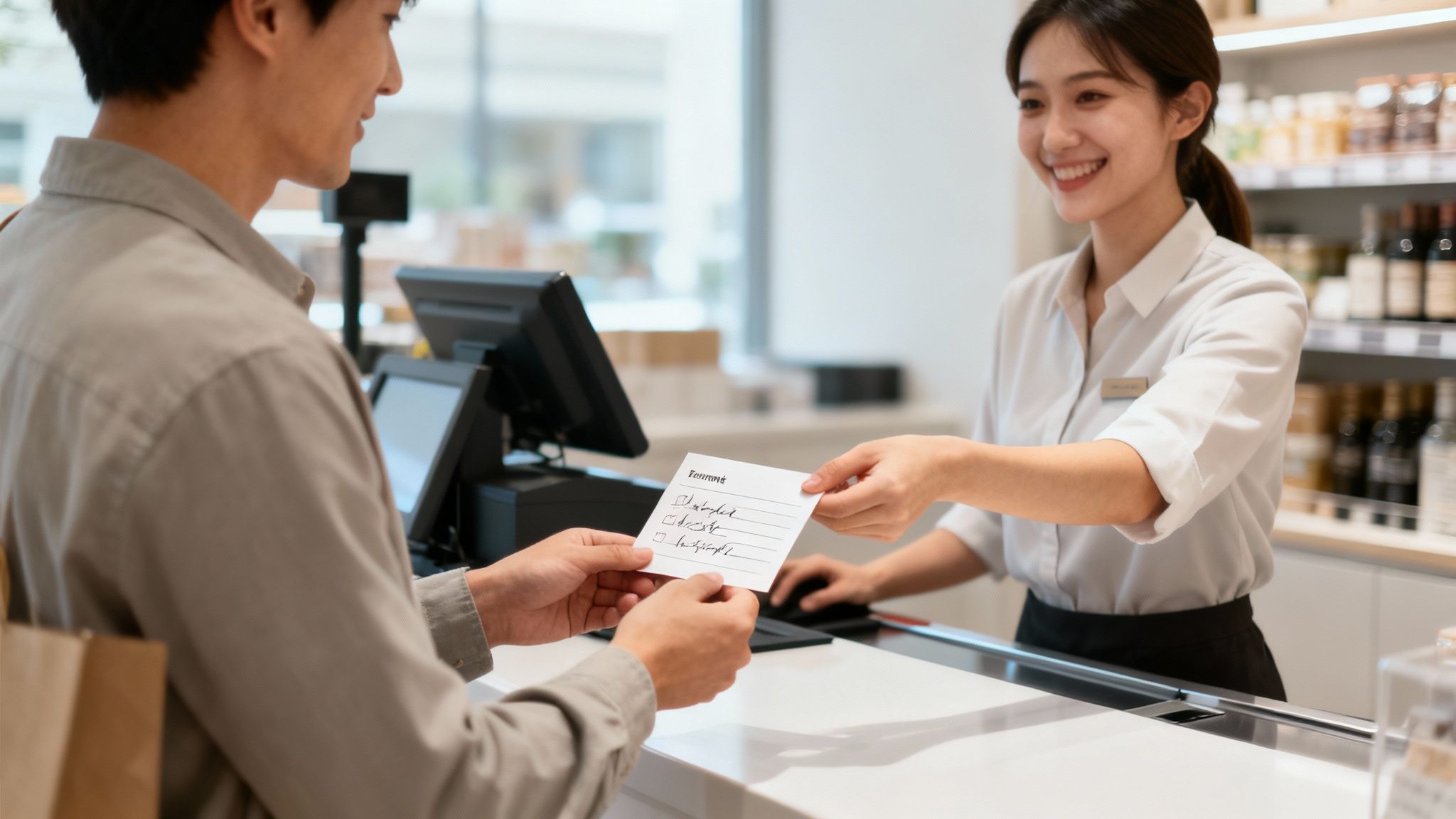 A smiling female cashier accepts a feedback form from a male customer at a store counter.