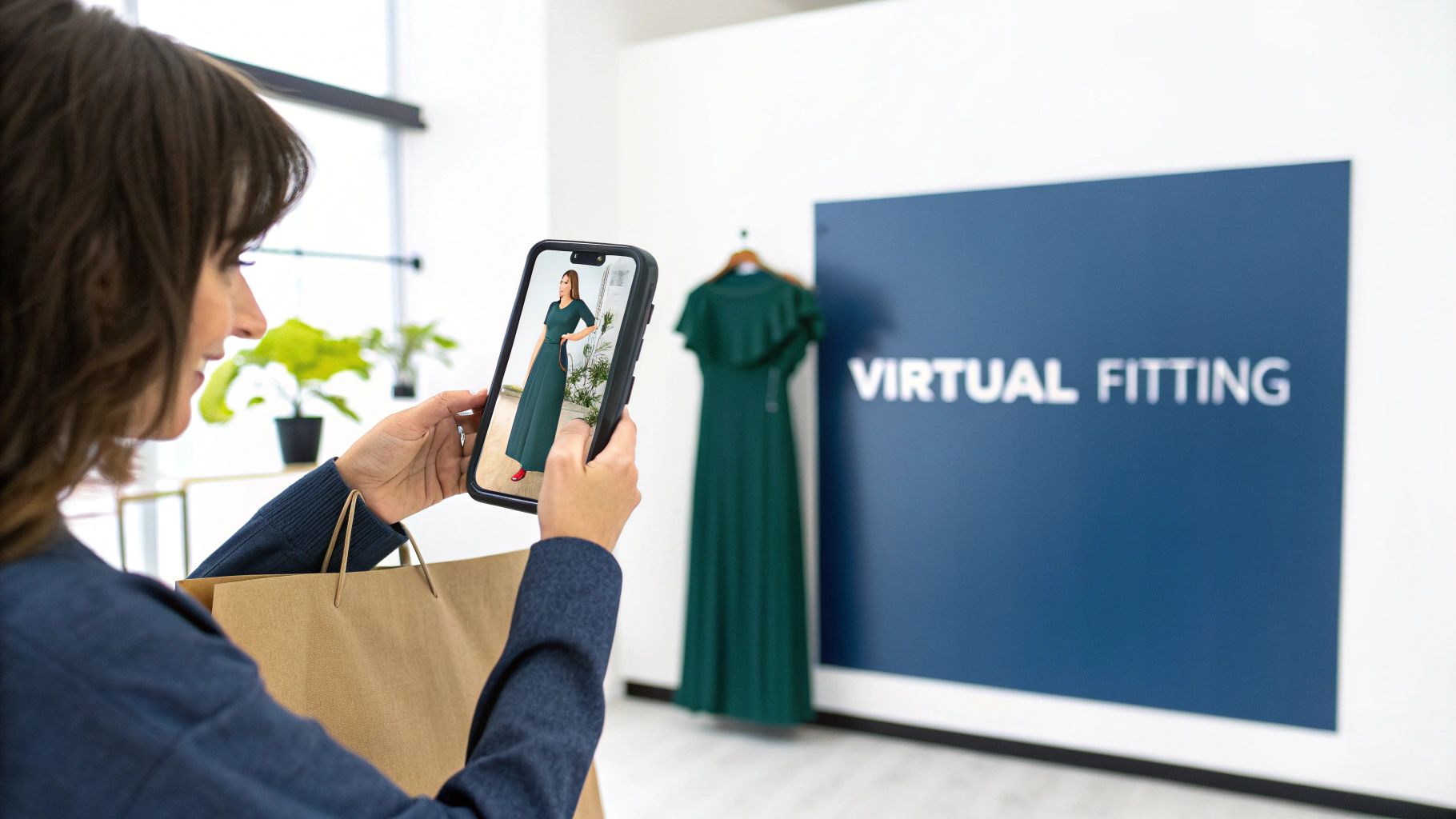 A person using virtual try on technology on their smartphone to see how a dress looks on them.