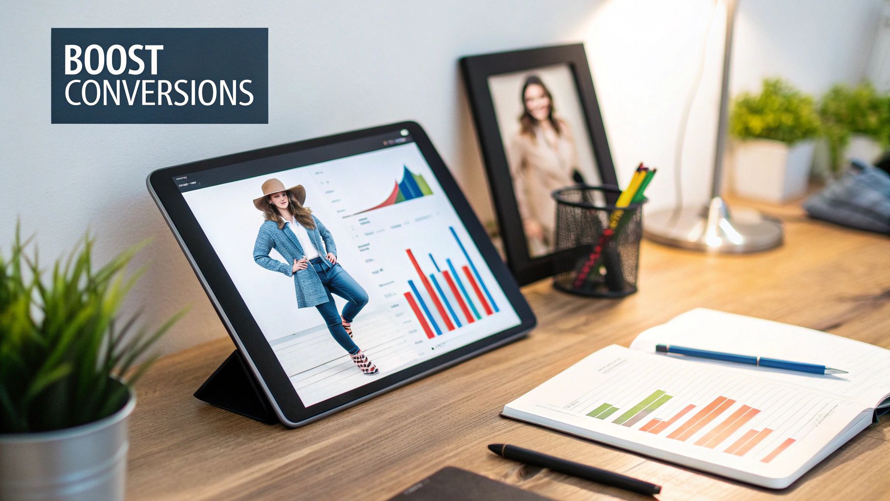 A diverse group of AI-generated fashion models showcasing different styles on a clean, modern background, representing inclusivity and improved eCommerce metrics.