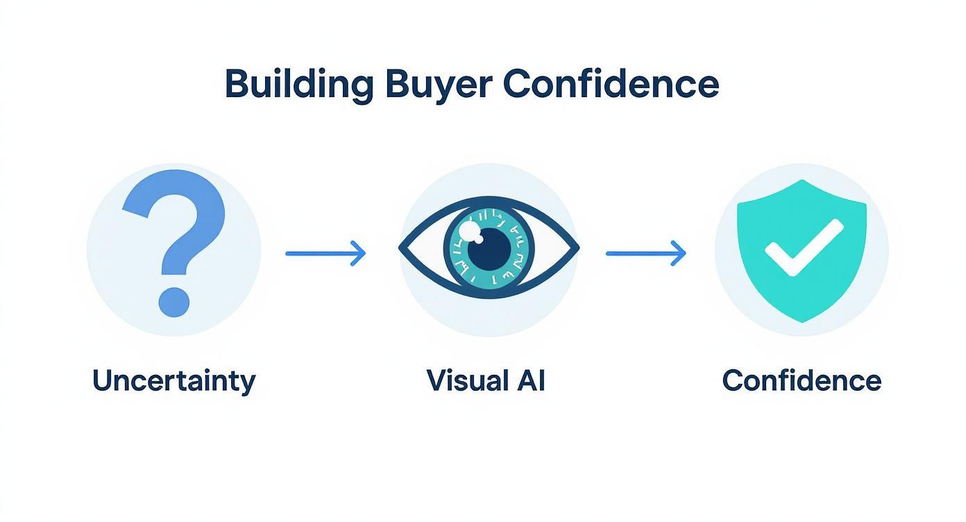 A graphic illustrating how Visual AI helps build buyer confidence, moving from uncertainty to trust.