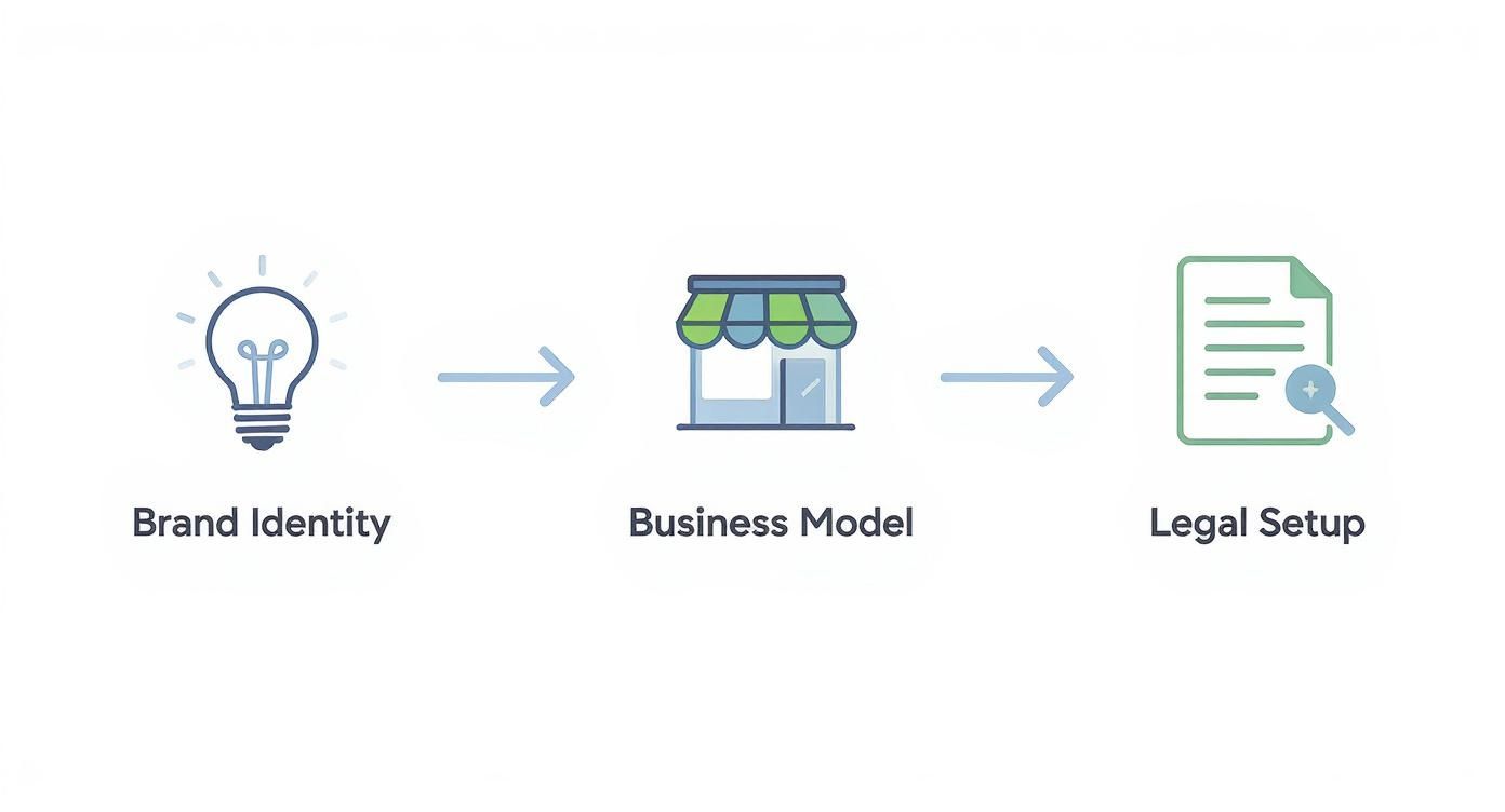 Three step process showing brand identity lightbulb, business model storefront, and legal setup documentation icons