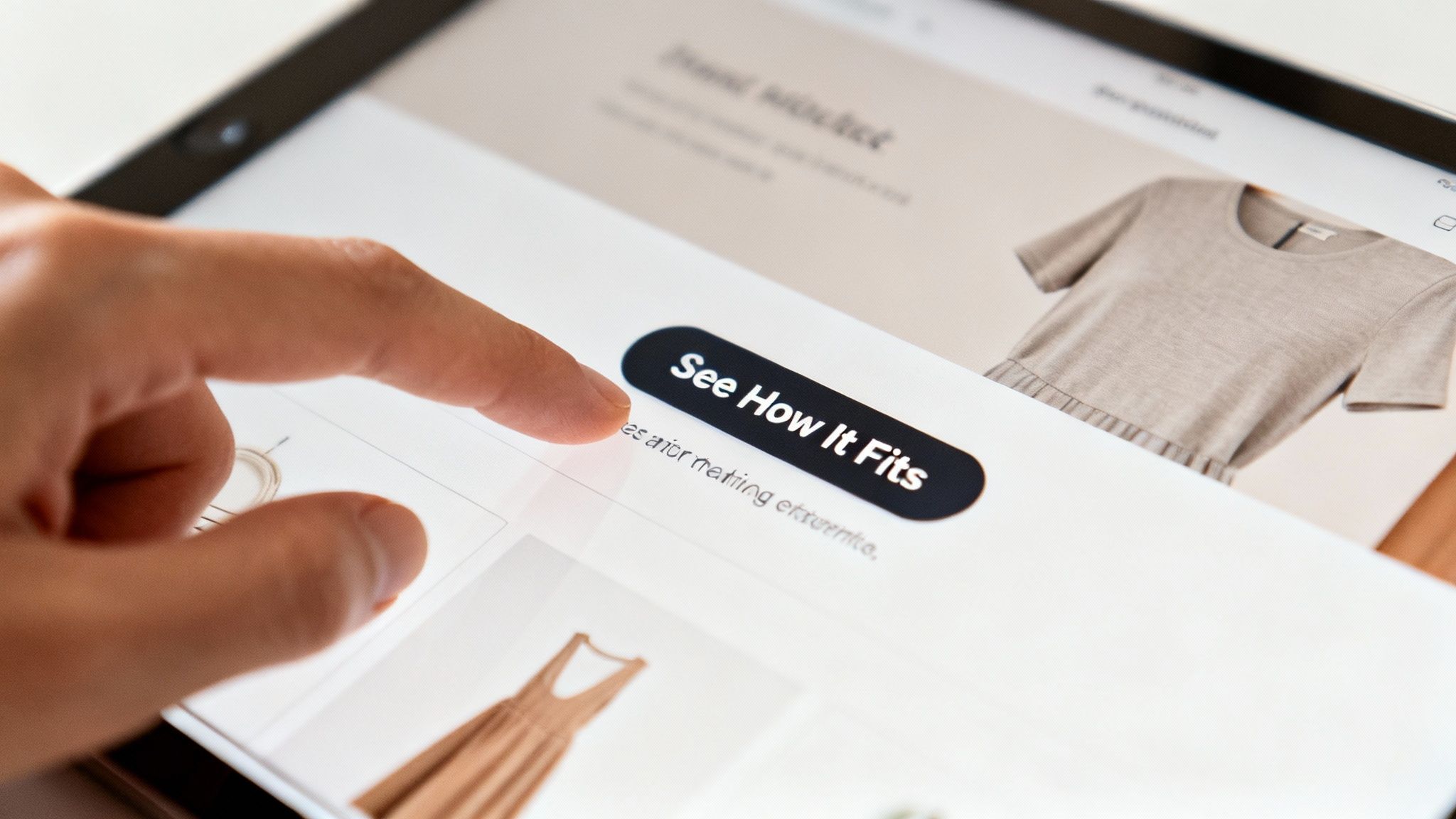 A close-up of a hand tapping a 'See How It Fits' button on a tablet displaying clothing options.