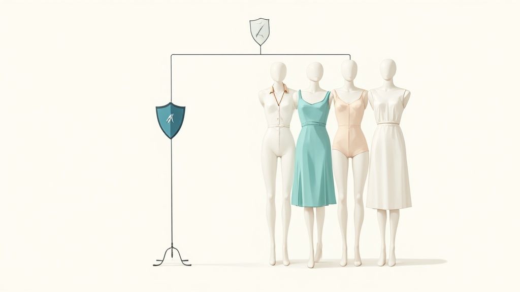 AI shield icon protecting fashion mannequins displaying various clothing styles and undergarments