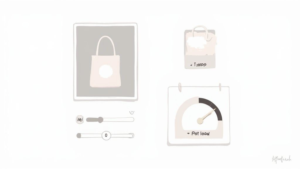 Illustration showing slow AI product photography workflow with shopping bag, flat lay setup, and loading indicators