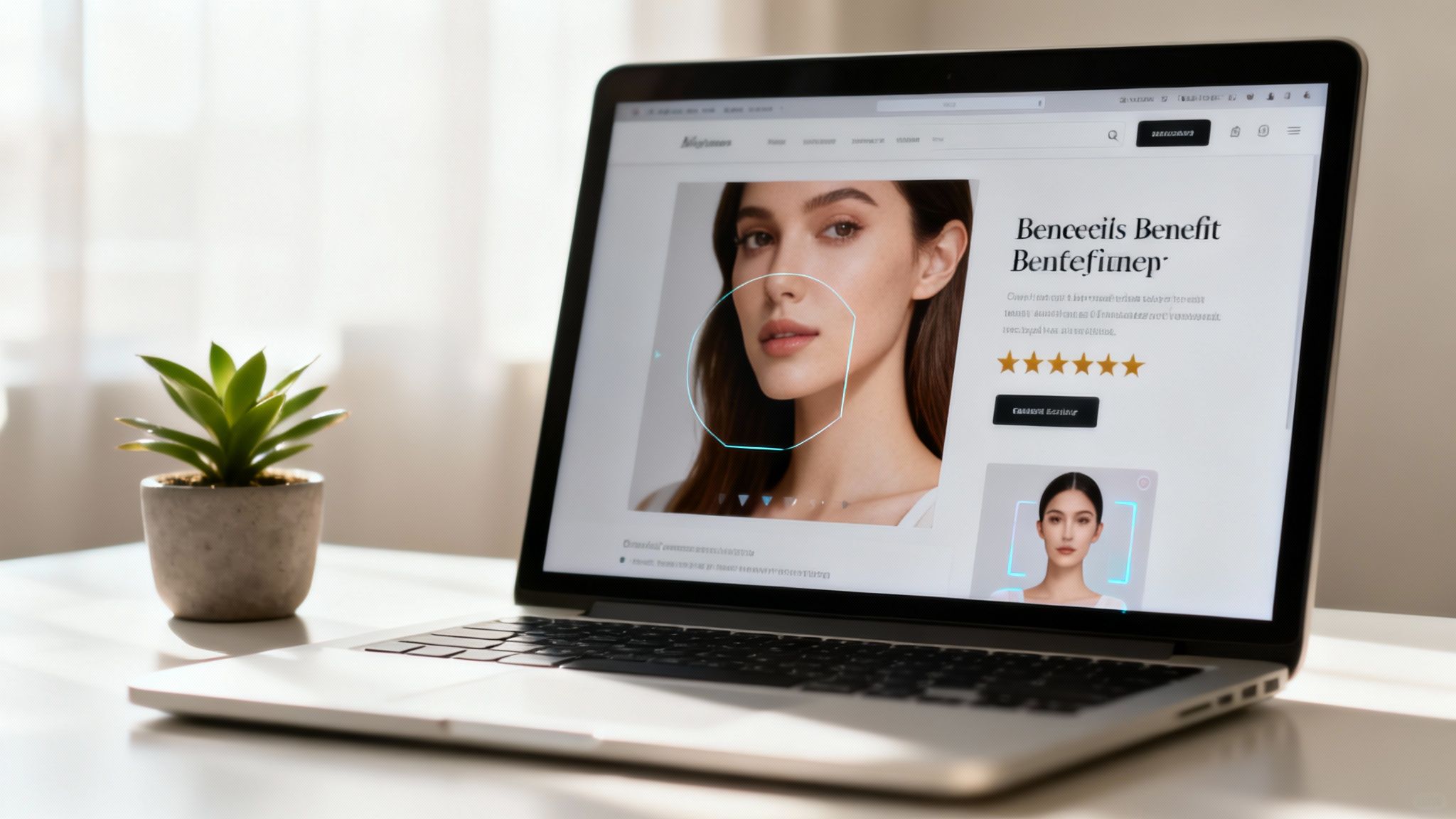 Laptop displaying a beauty e-commerce website featuring facial analysis technology and a 5-star rating.