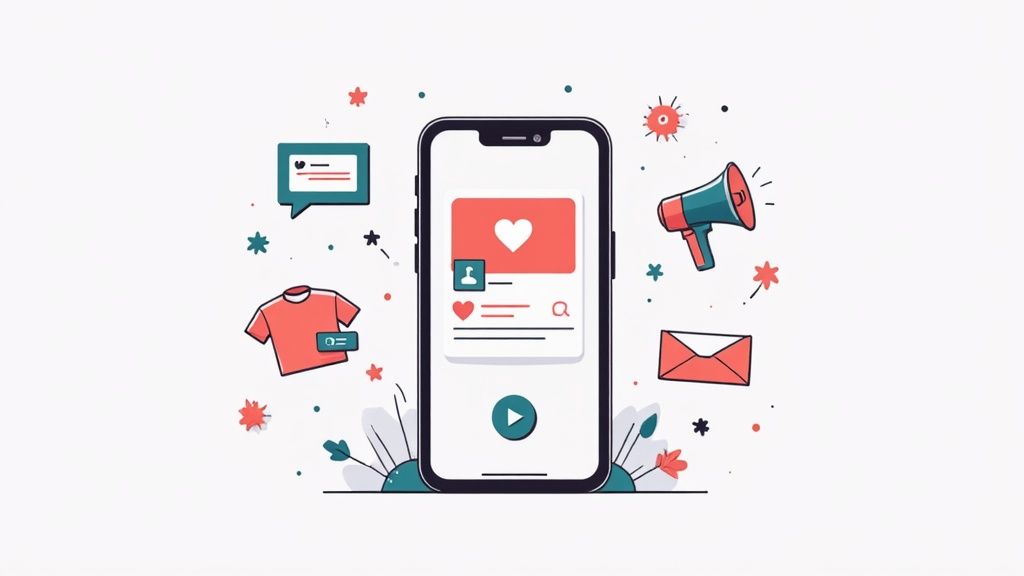 Mobile phone displaying social media marketing app with shopping icons and engagement symbols around it