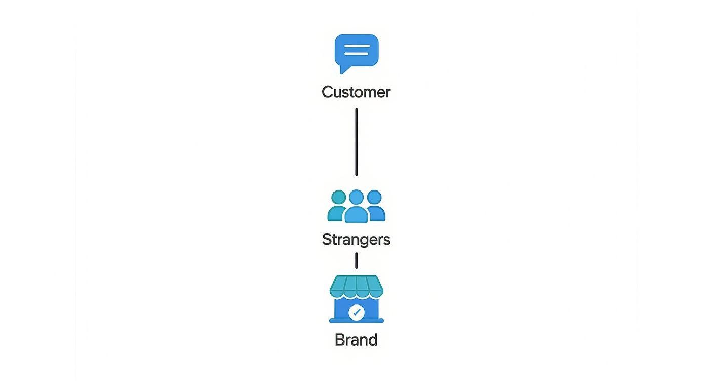 A vertical diagram illustrating how a customer's actions influence strangers and their perception of a brand.