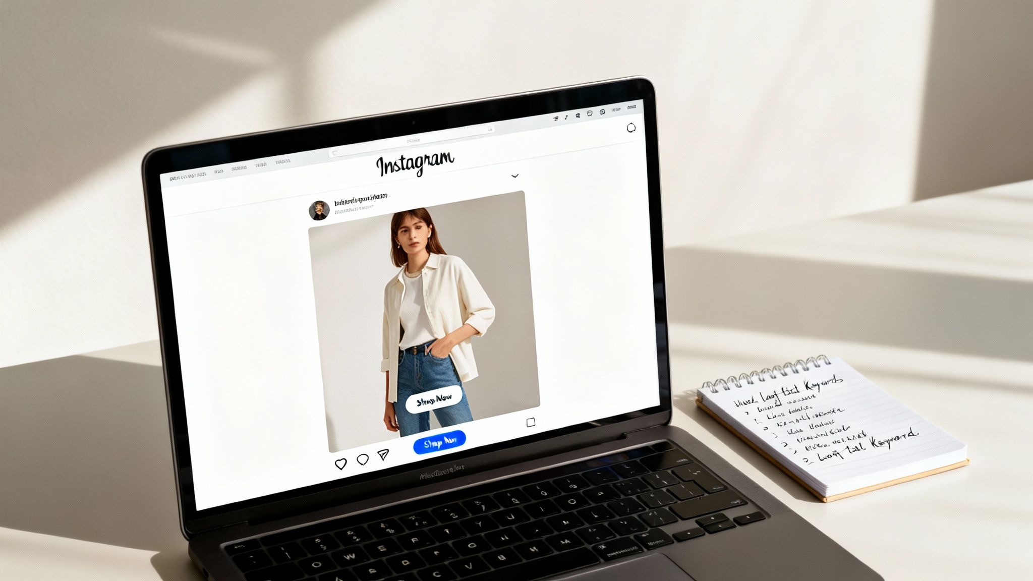 A laptop displays an Instagram fashion post with a 'Shop Now' button and a notepad listing long-tail keywords.