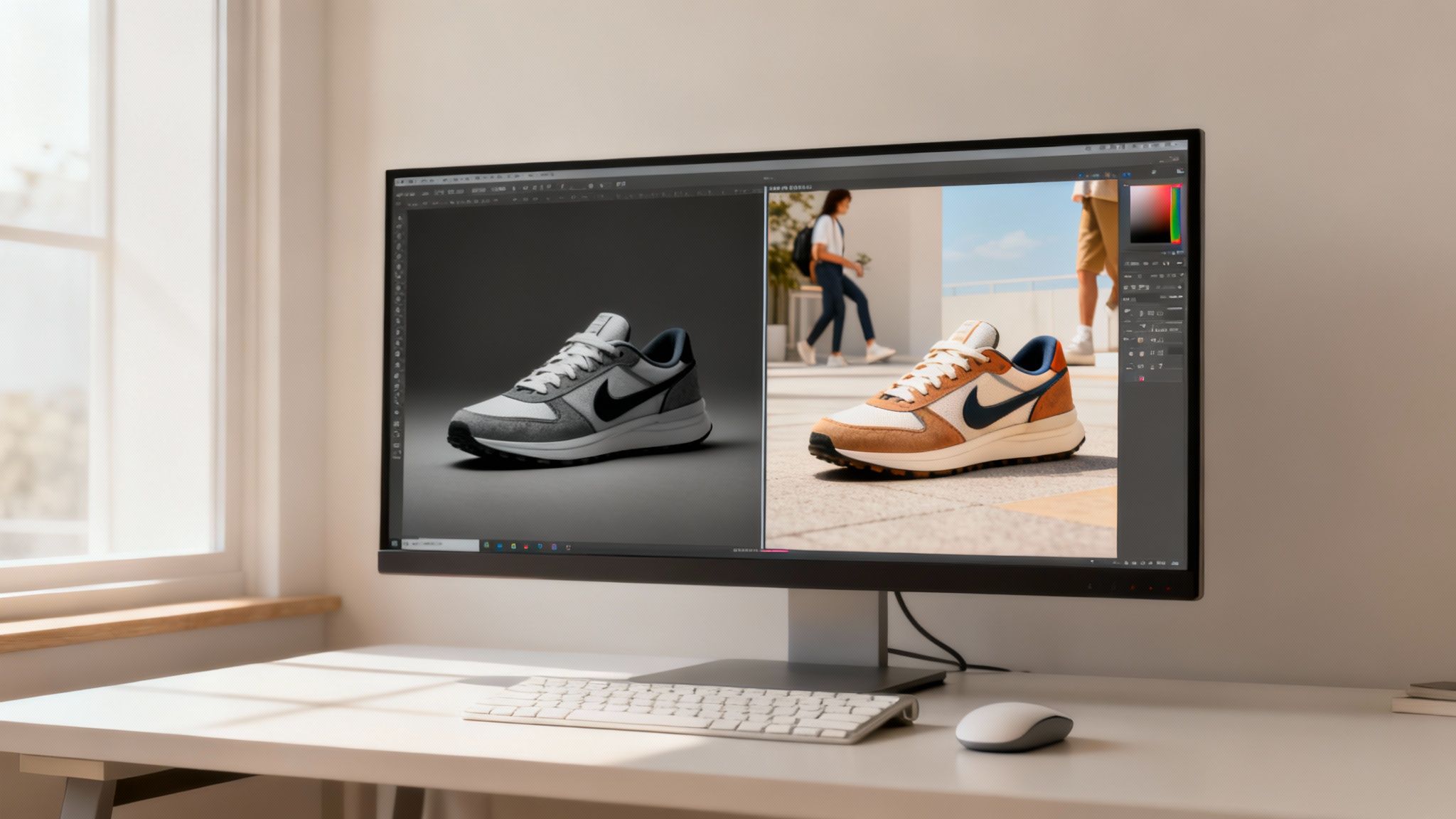 A computer monitor displays two different product images of sneakers on a bright white desk.