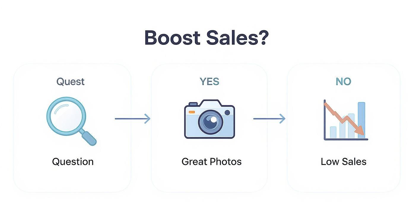 Flowchart illustrating that great product photos can boost sales, while poor visuals lead to low sales.