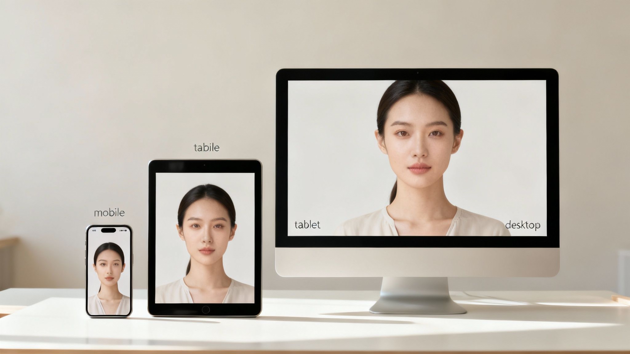 A woman's portrait displayed on mobile, tablet, and desktop screens, illustrating responsive design.