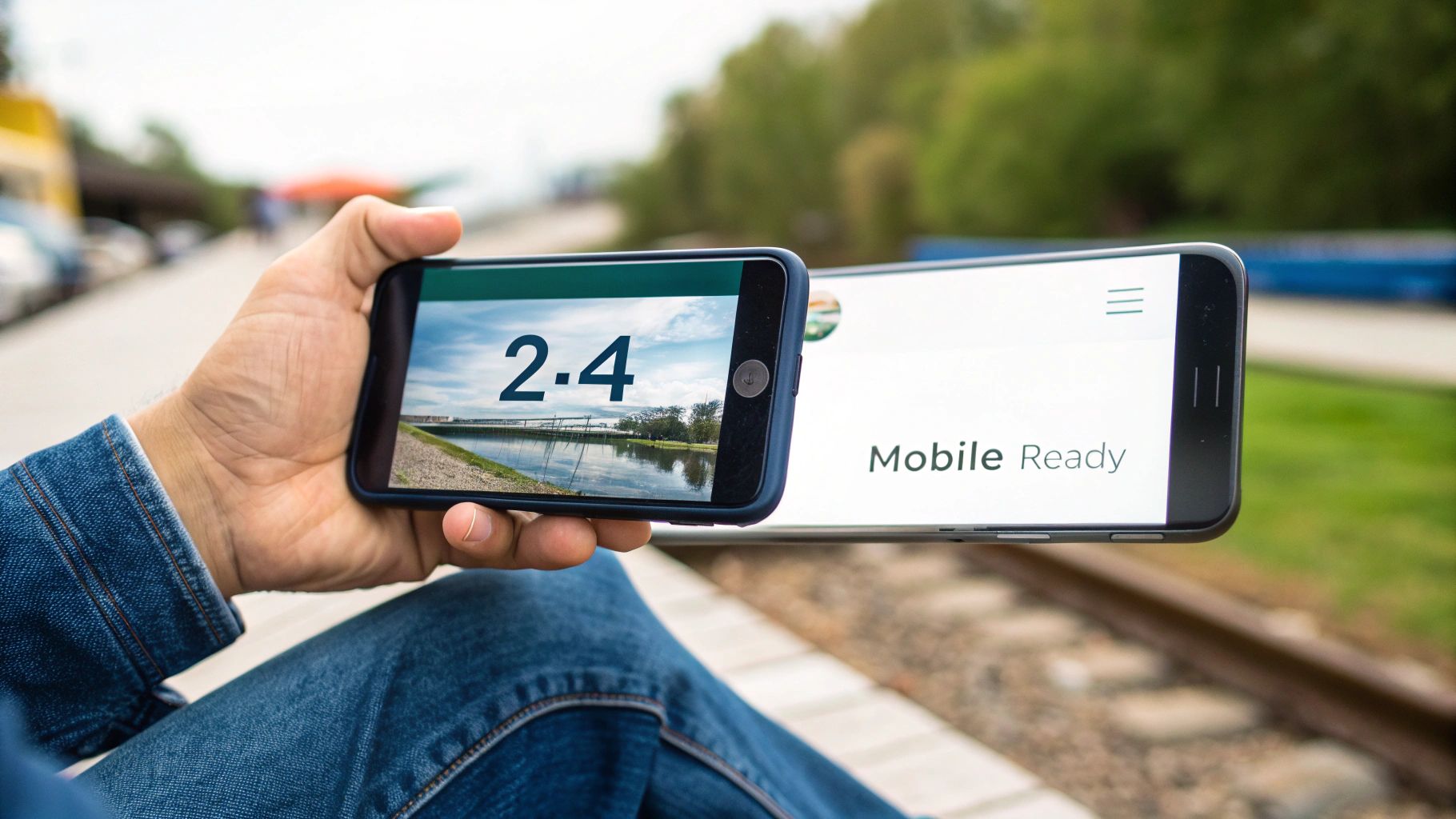 A woman shopping for clothes on her smartphone in 2025, with a clean and fast-loading mobile product page.