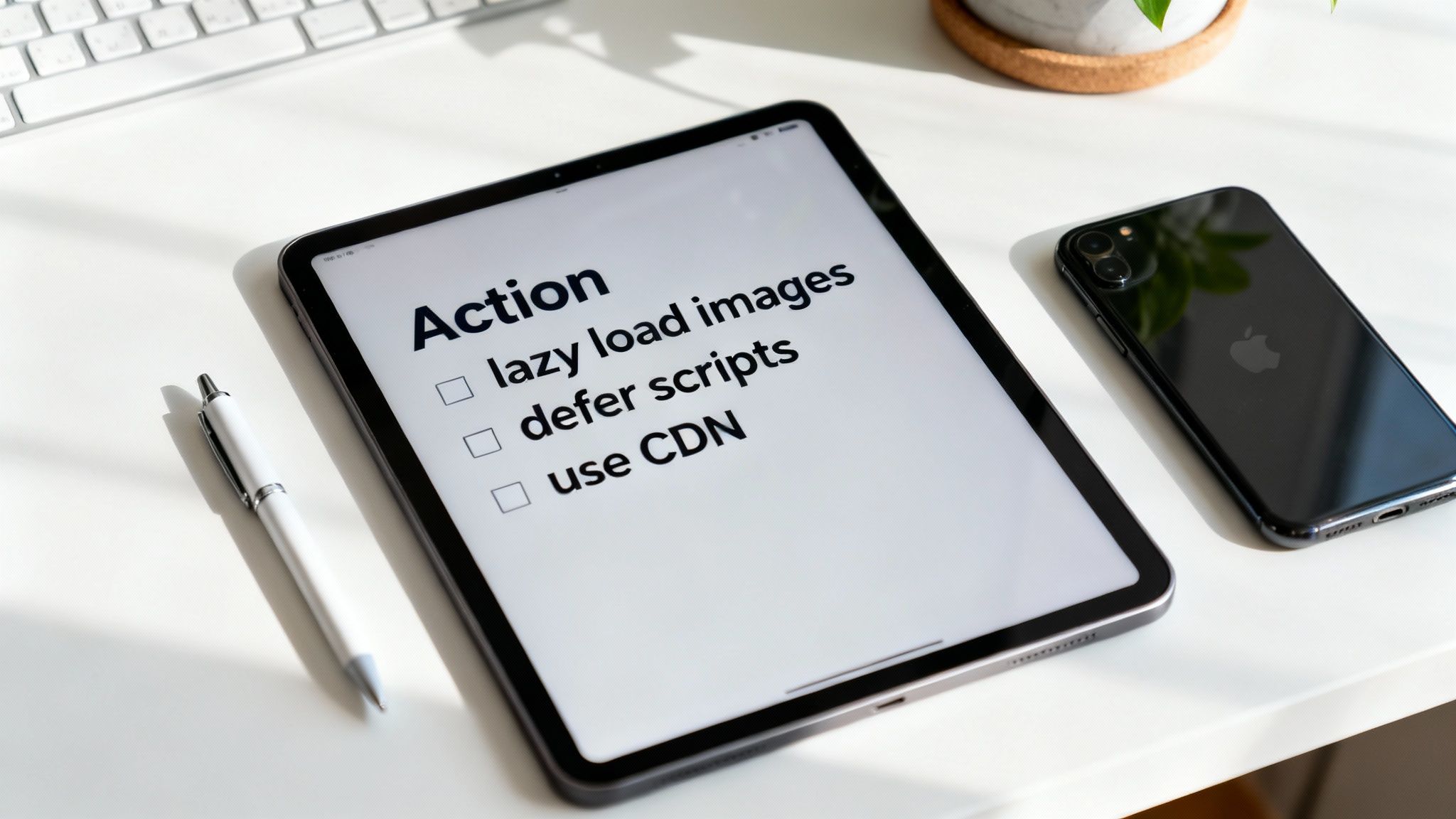 A tablet displays a checklist titled 'Action' with items like 'lazy load images' and 'defer scripts'.
