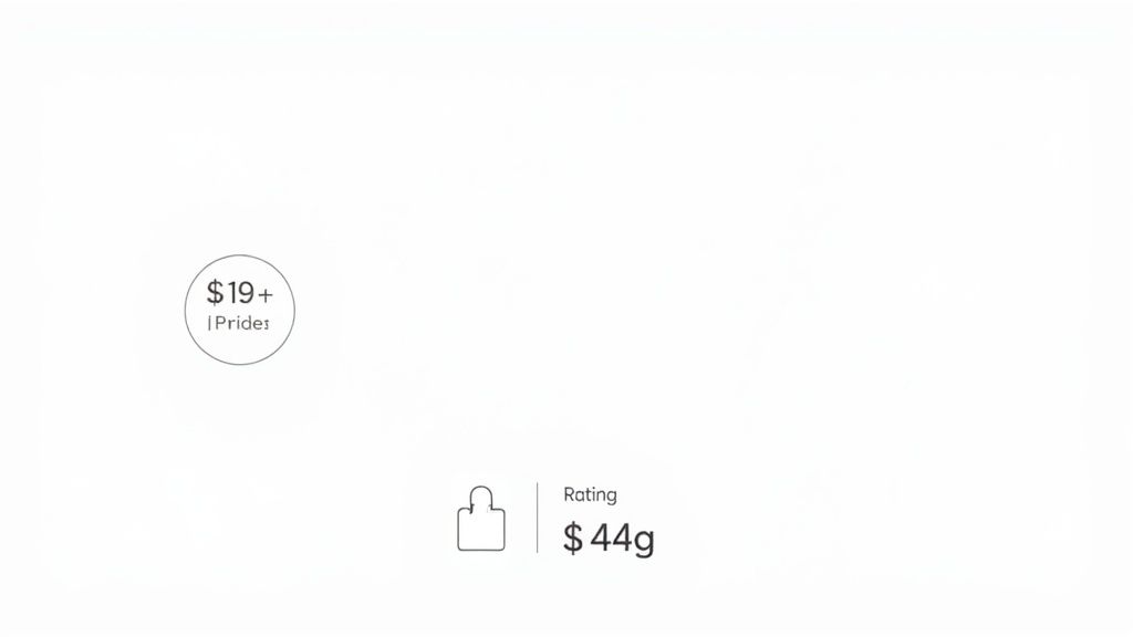 Online clothing price tags showing nineteen dollars plus and forty-four grams rating