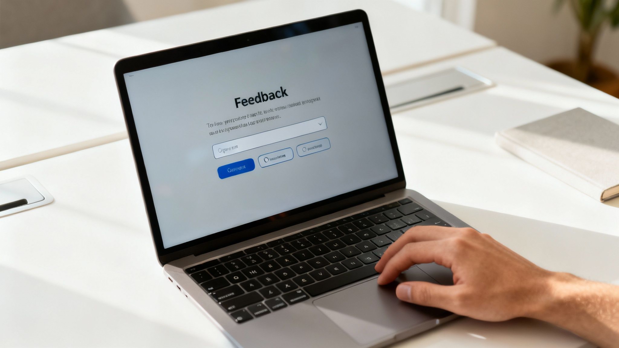 A person typing on a laptop with a feedback form displayed on the screen in a modern office.