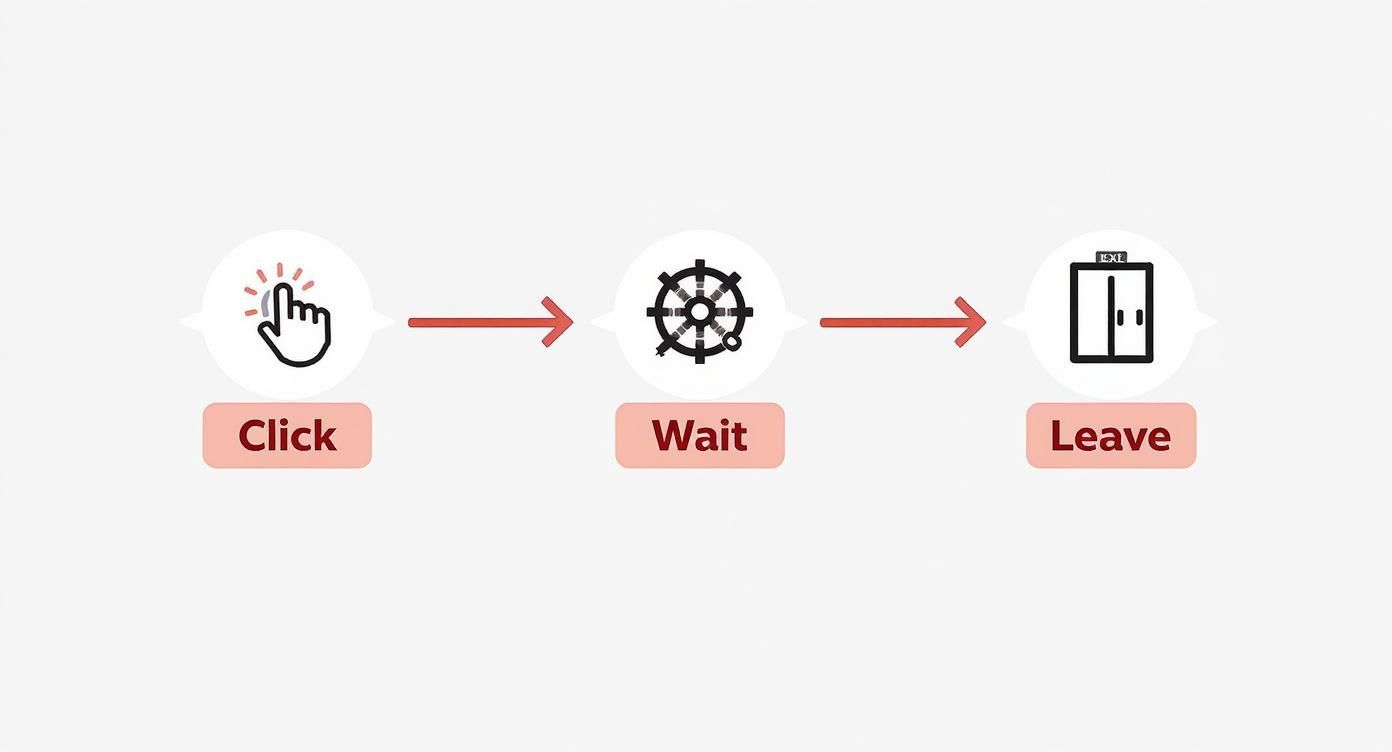 Diagram illustrating a slow user experience with steps: Click, Wait, and Leave, indicated by icons.