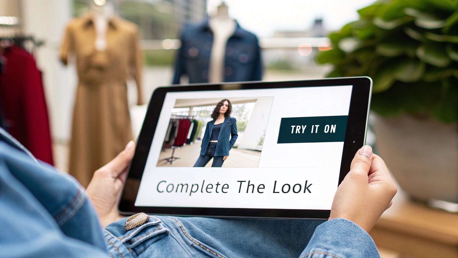 An illustrated Shopify product page in 2025, showing a virtual try-on button strategically placed next to the 'Add to Cart' button, with a 'Complete the Look' recommendation section below.