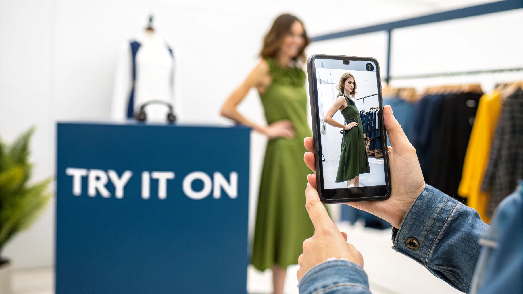 A woman using a smartphone to virtually try on a yellow dress, with a 'Try It On' button visible on the screen.