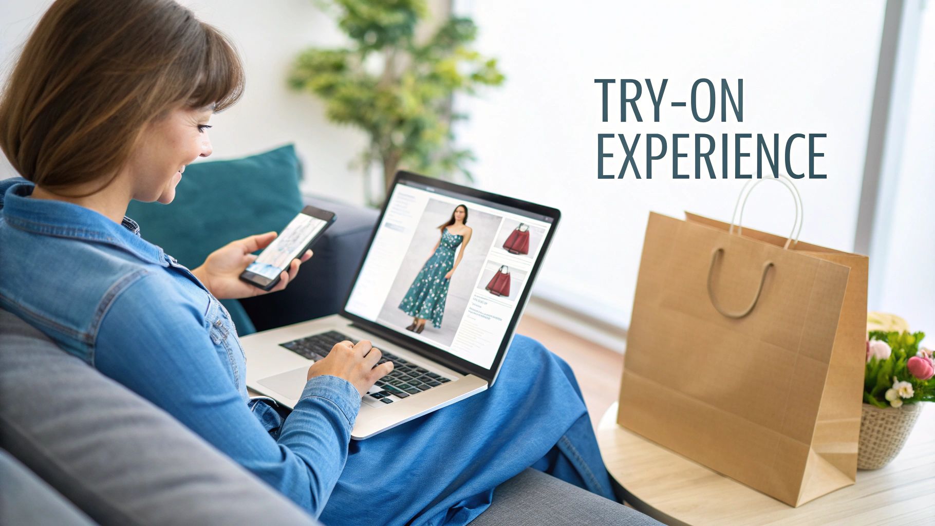 A diverse group of shoppers happily using a virtual try-on feature on their phones and tablets in 2025.