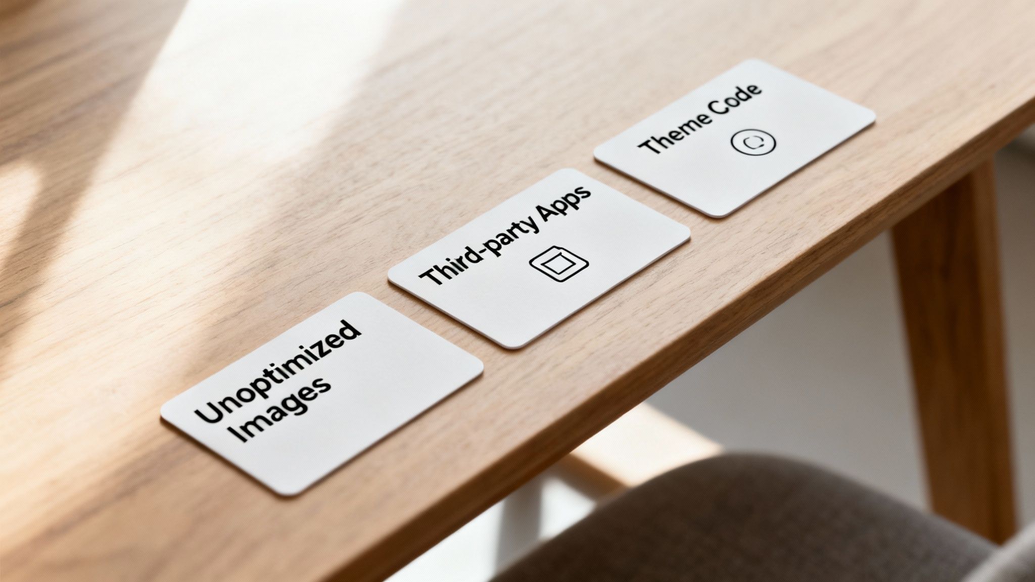 Three cards on a wooden table listing common reasons for slow web pages: Unoptimized Images, Third-party Apps, and Theme Code.