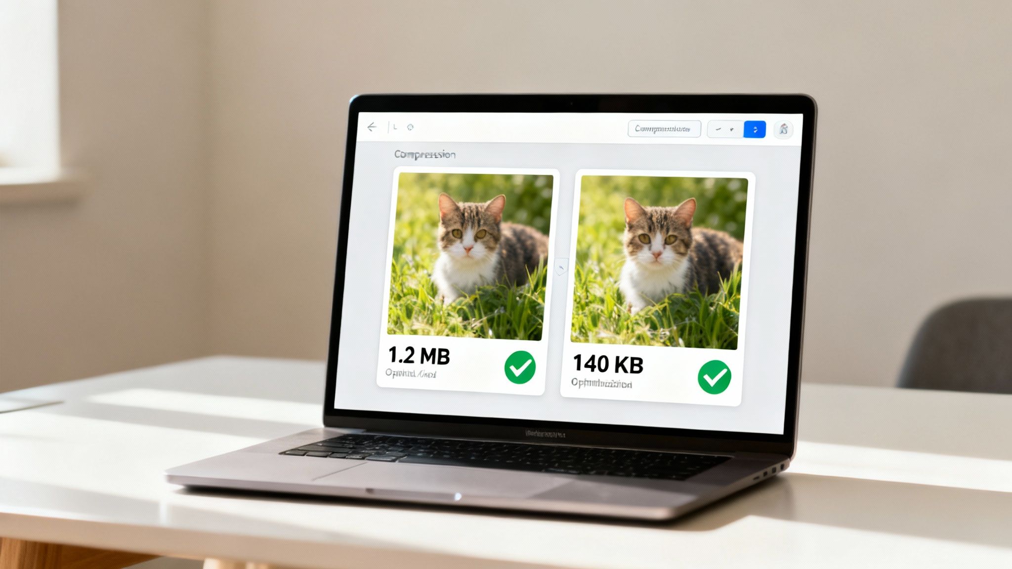 A laptop displays two cat photos side-by-side, showcasing image compression from 1.2 MB to 140 KB.