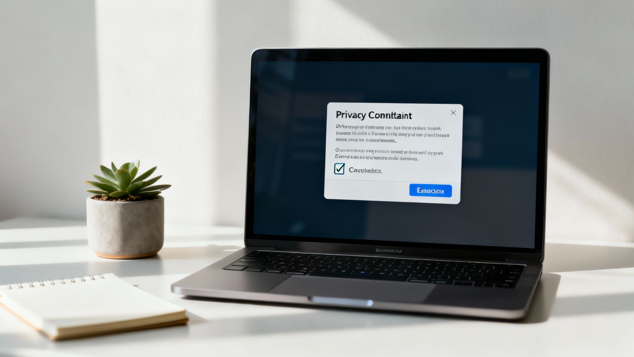 A laptop on a white desk displays a privacy commitment pop-up, next to a plant and notebook.