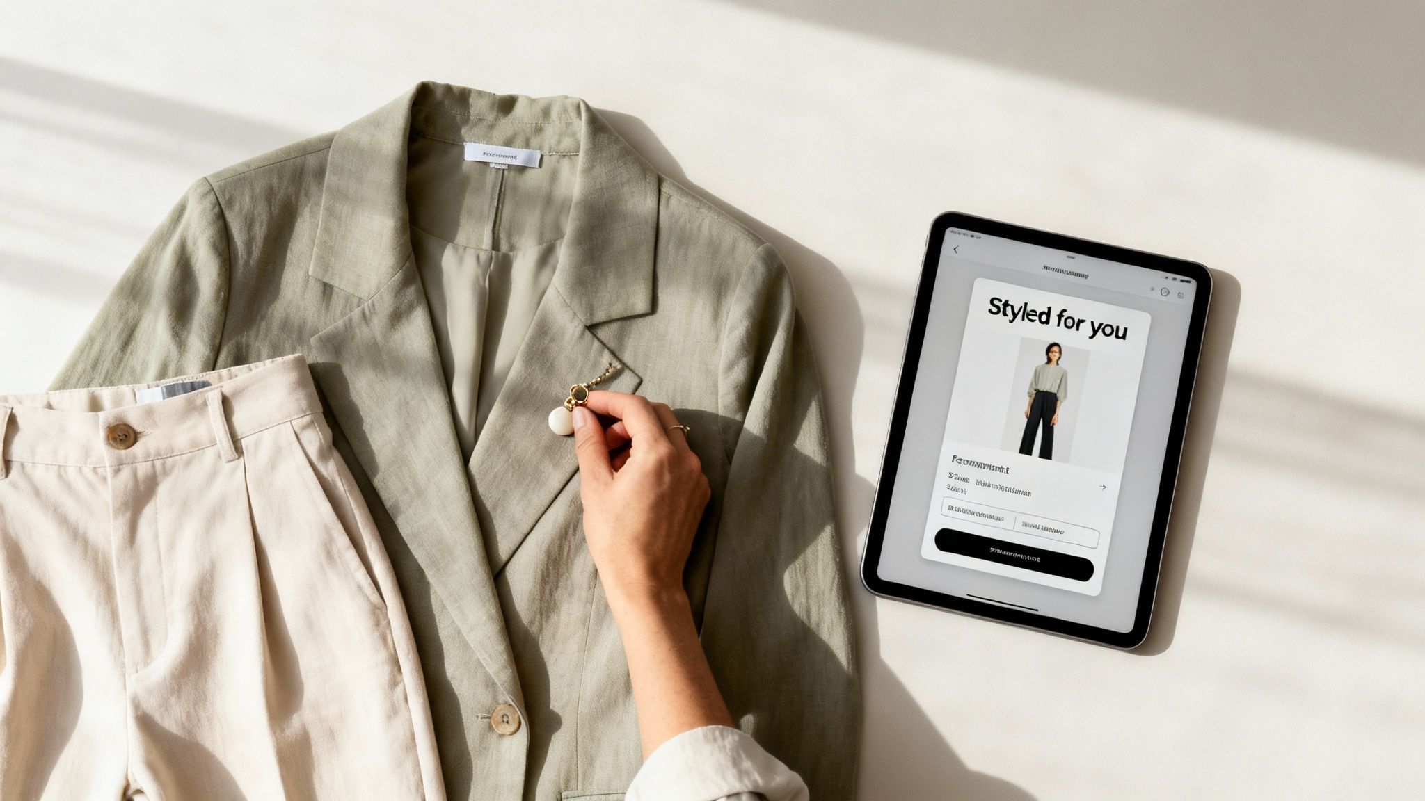 Overhead view of a hand accessorizing a blazer next to beige pants and a tablet with a styling app.