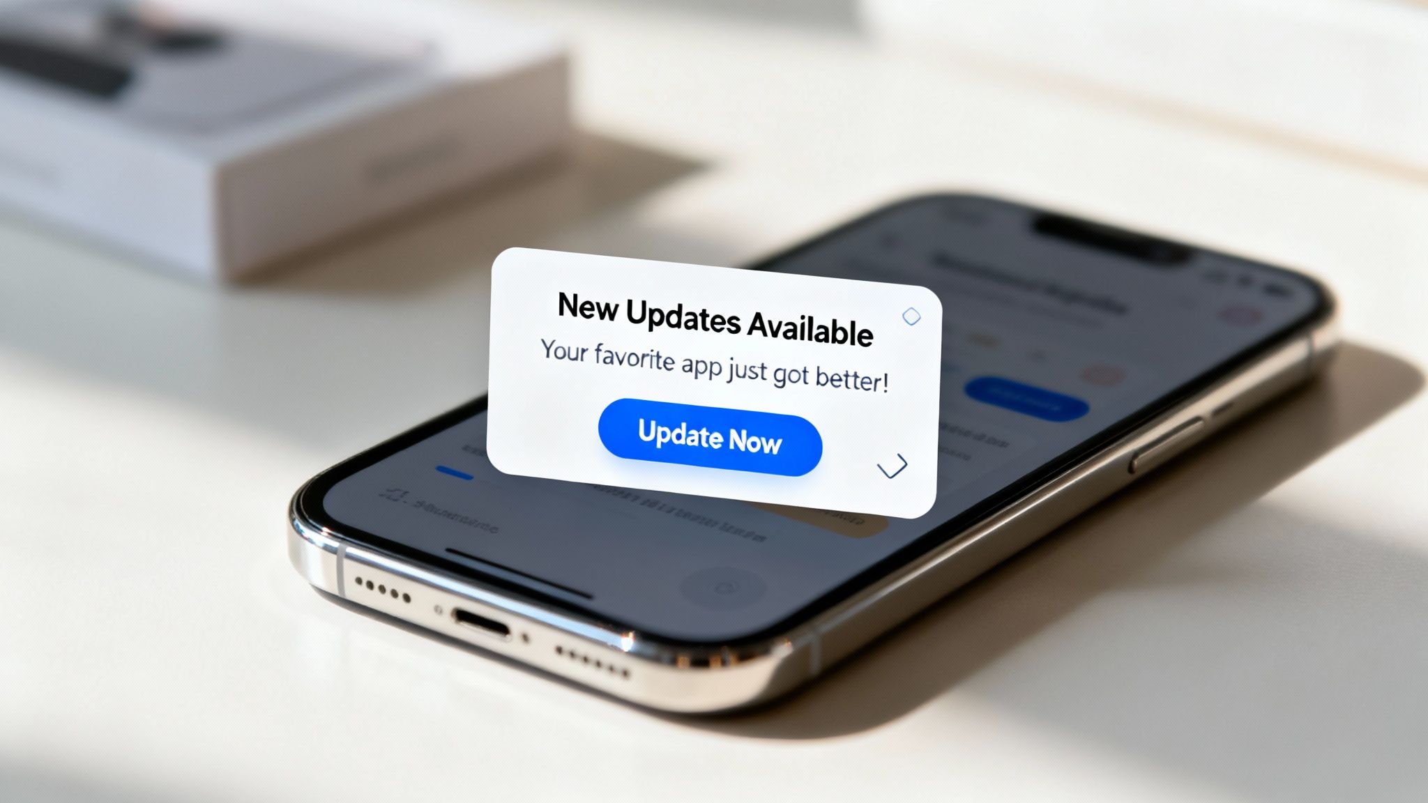 A smartphone displaying a 'New Updates Available' pop-up notification with an 'Update Now' button.