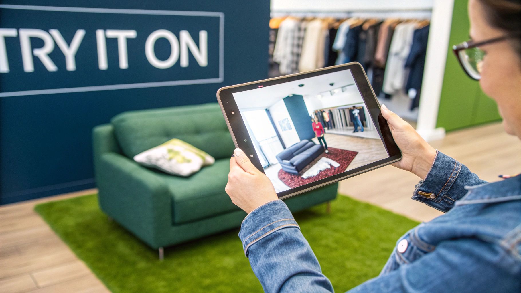 A woman using a virtual try-on feature on her tablet to see how a dress fits her avatar in 2025.