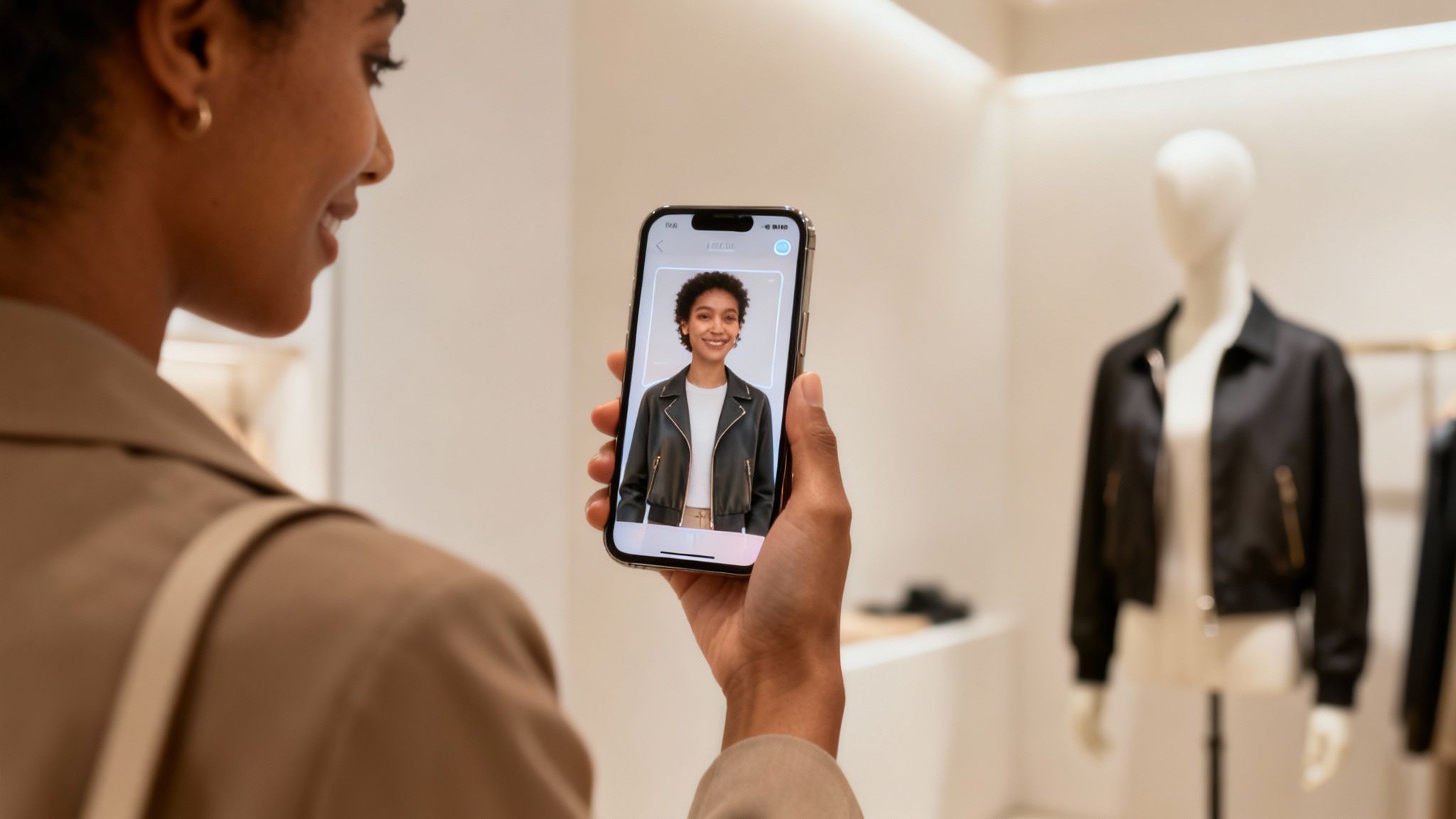 Person uses a smartphone for an AR virtual try-on of a leather jacket in a fashion store.