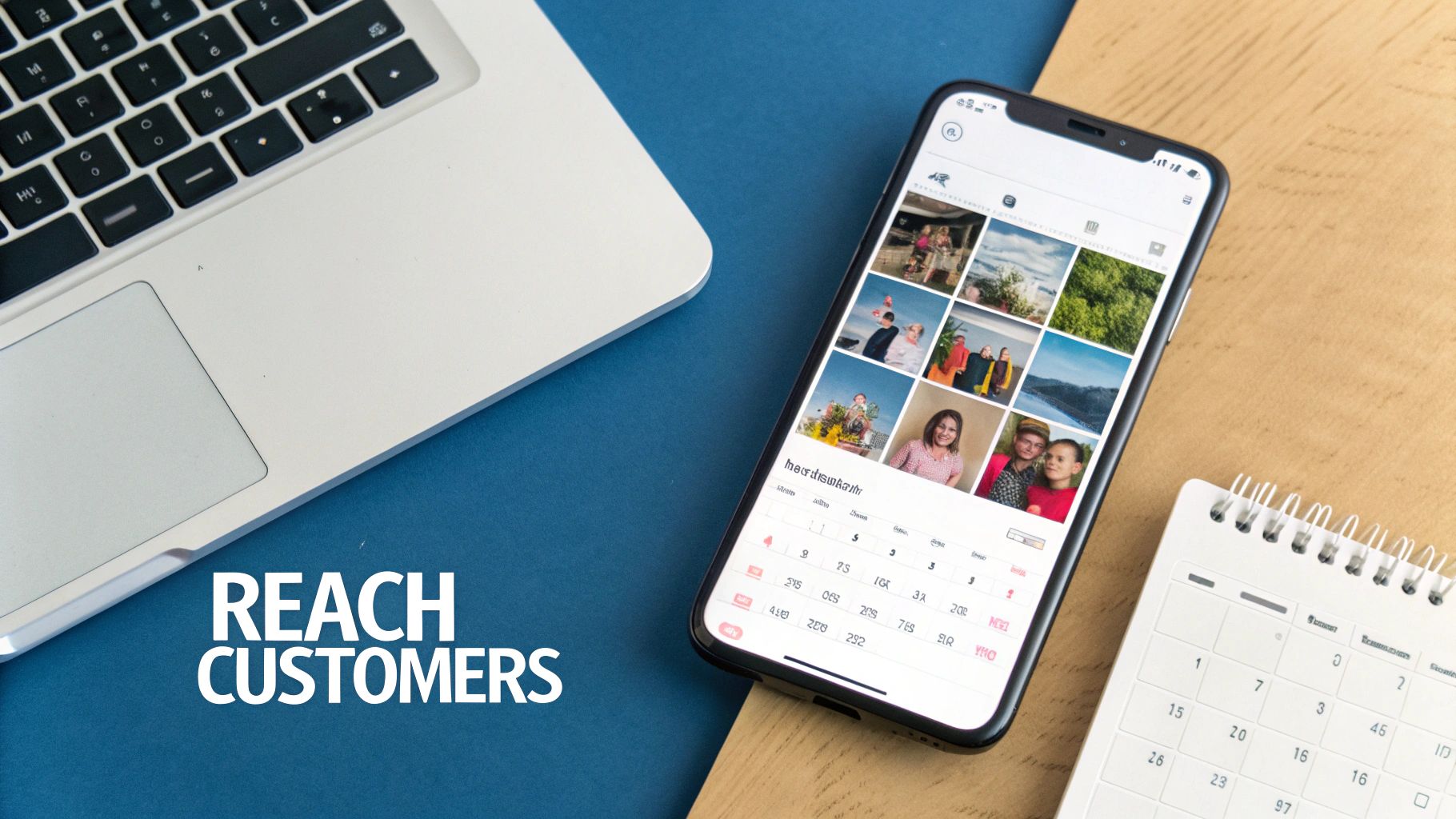 A person's hands styling a flat lay of clothing and accessories for a social media post.