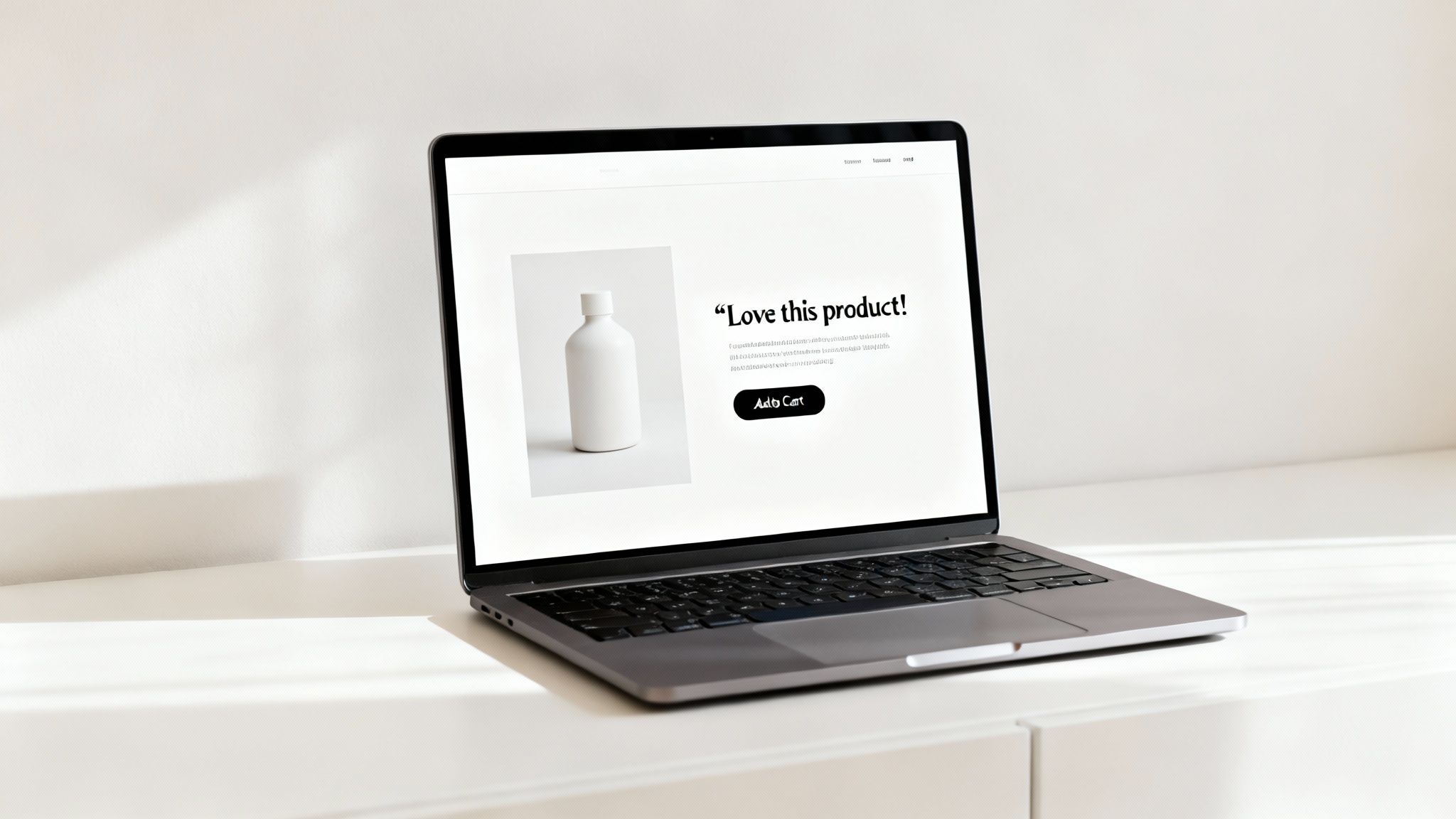 A laptop screen displays a product page featuring a white bottle and a glowing customer testimonial.