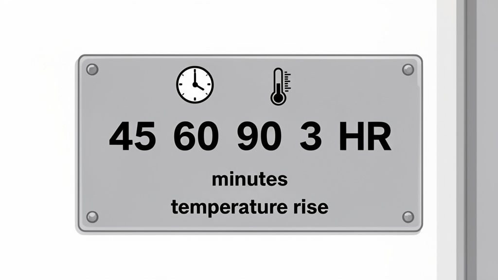 A gray metallic sign for fire door ratings, showing time durations in minutes and hours, and temperature rise.
