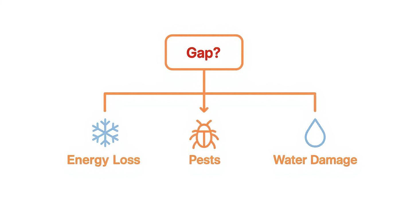 Diagram illustrating a 'Gap?' at the top leading to three problems: Energy Loss, Pests, and Water Damage.