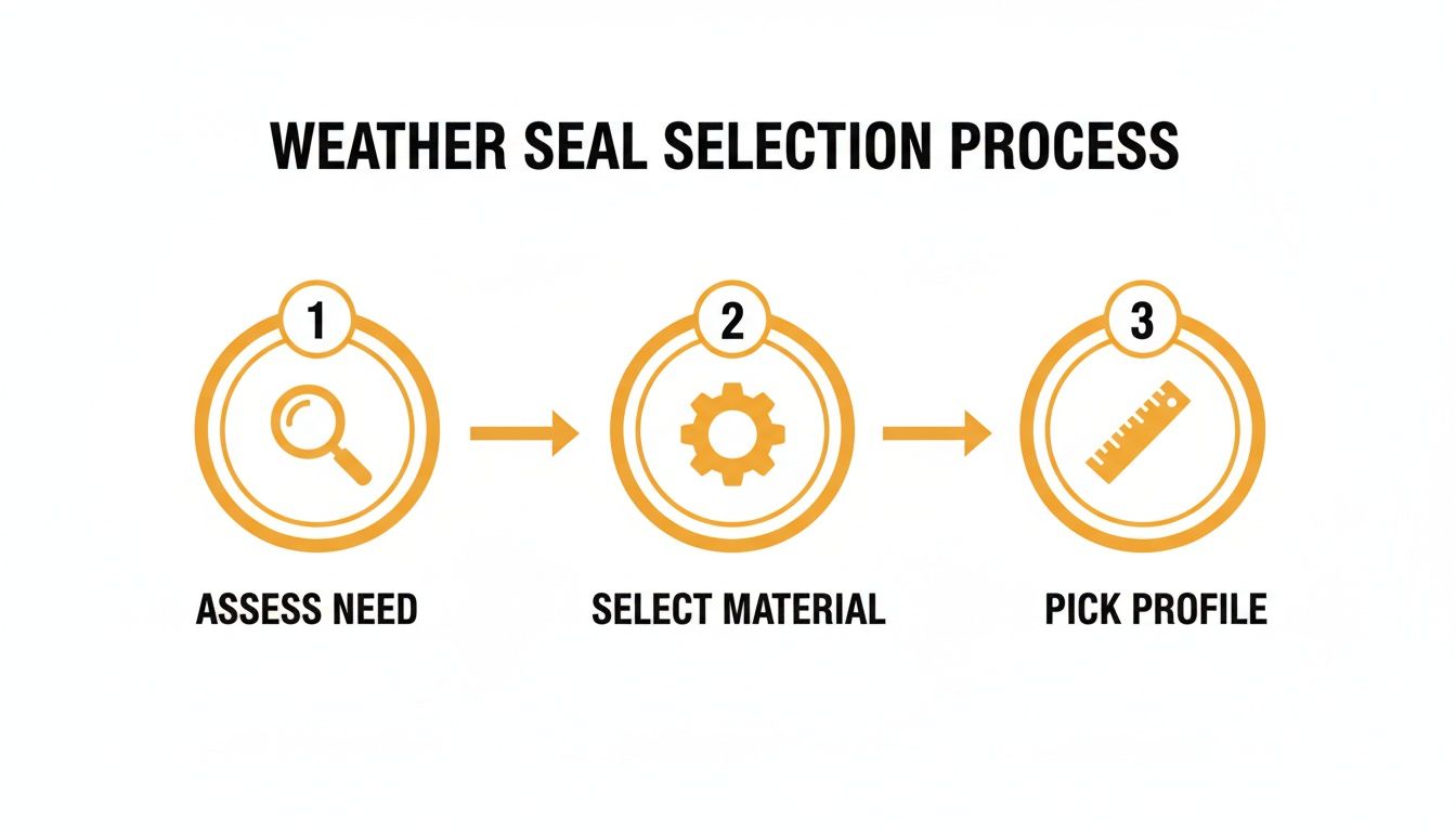 Diagram illustrating the 3-step weather seal selection process: assess need, select material, and pick profile.