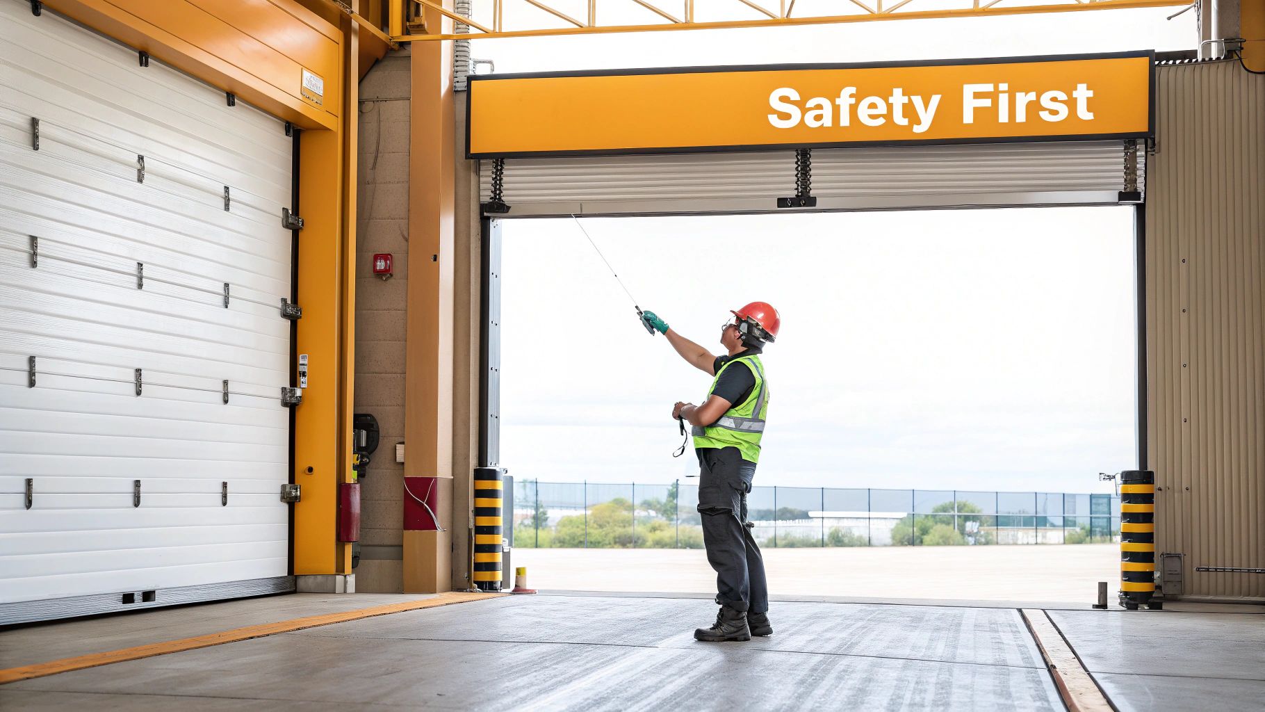 A professional technician performing garage doors spring repair on a commercial overhead door.