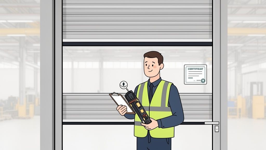 Cartoon worker in a high-visibility vest inspects a fire door, holding a testing device and clipboard.