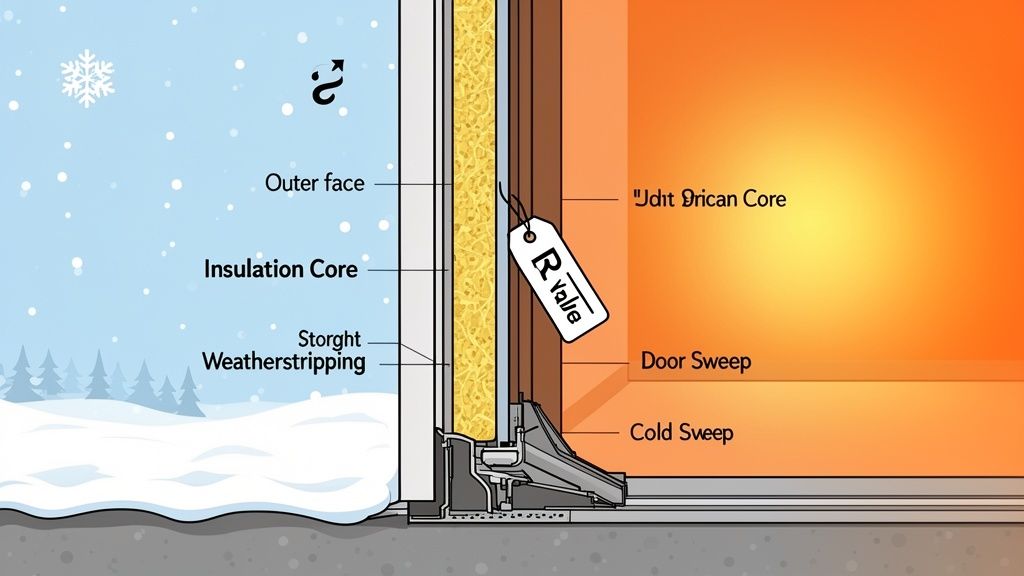 Detailed cross-section illustrating thermal insulation, weatherstripping, and R-value for a building exterior.