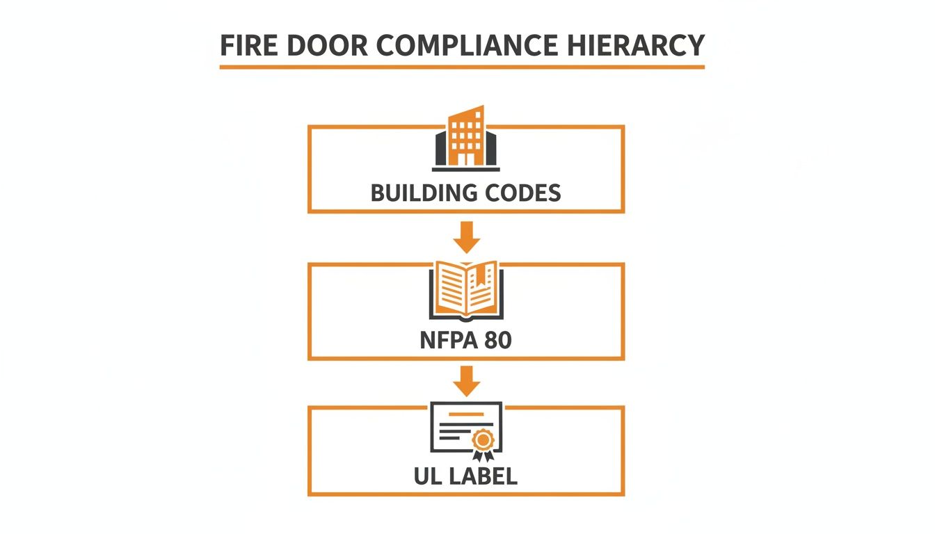A hierarchy diagram illustrating fire door compliance: Building Codes, followed by NFPA 80, leading to a UL Label.